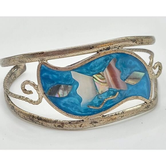 Alpaca Bangle Bracelet Mother of Pearl Inlay Enamel Bangle Bracelet 7in - Picture 1 of 7